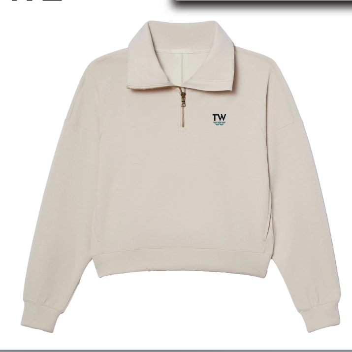 Beige pullover with a small logo on a white background, branded 'RHONE'.