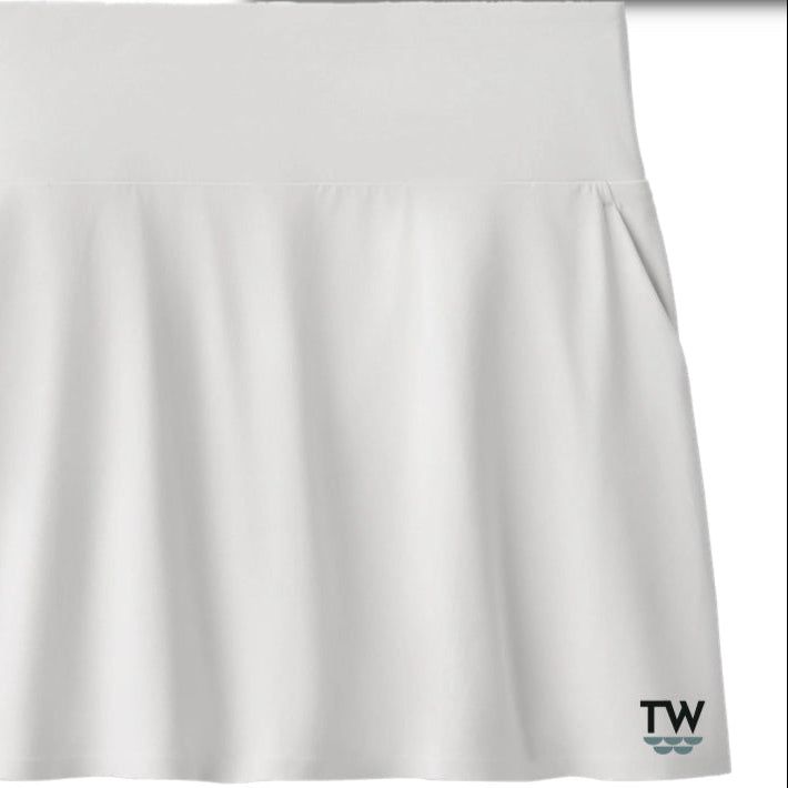 White skirt with a brand logo on a white background